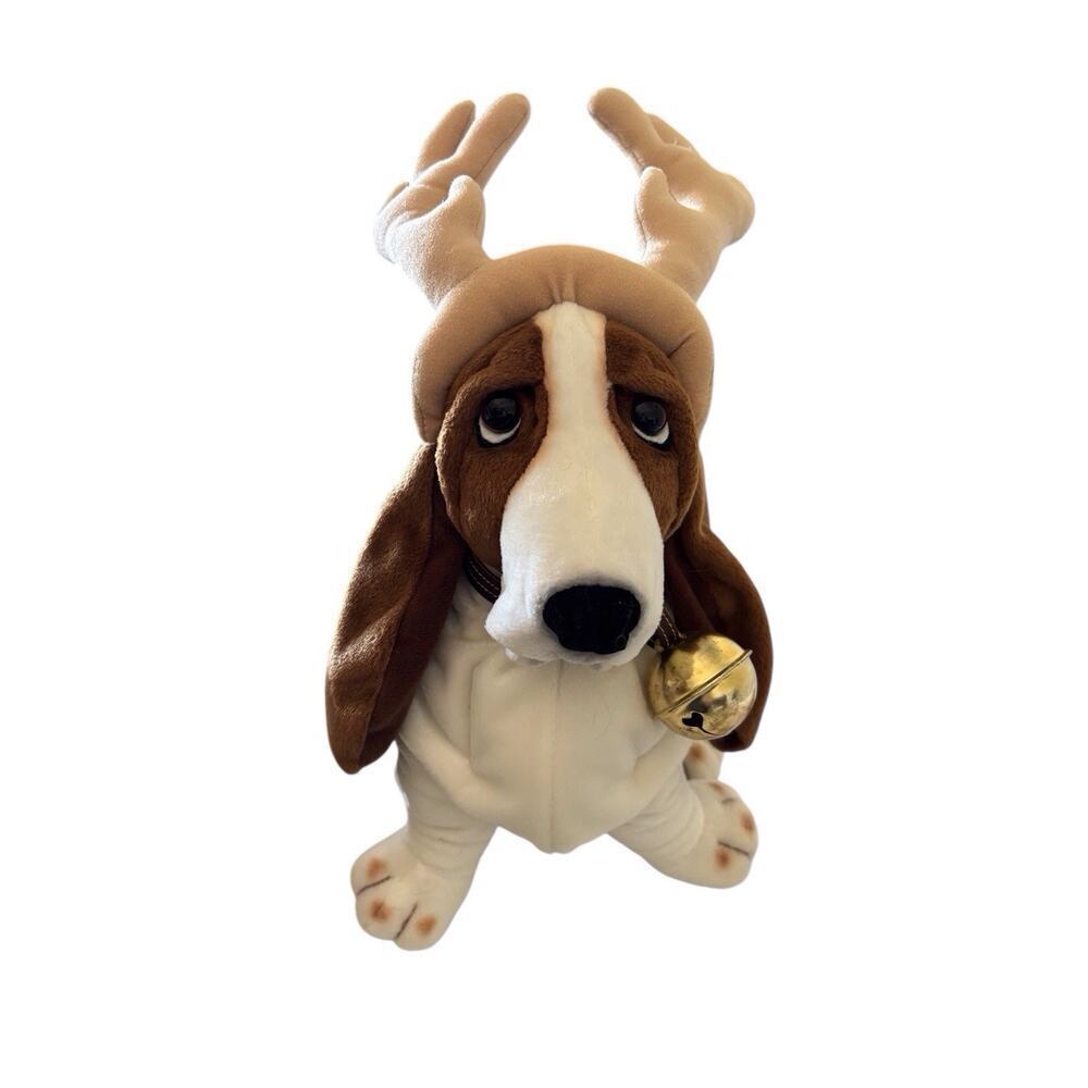 Applause Hush Puppies Holiday Basset Hound Dog Antlers Headband Bell 14" Plush